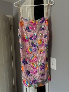 Gorgeous Sequin Floral Slip Dress in Pink with Multicolor Embellishments Size S